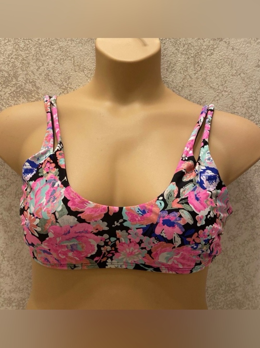 No Boundaries Pink Black Floral Double-Strap Bikini Top